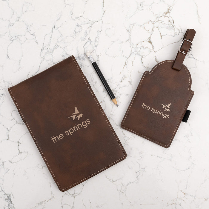 Corporate golf gift set with logo engraved tee tag, tees and score card holder