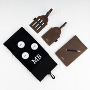 Personalised golf gift set with leatherette golf accessories, three custom golf balls and embroidered cotton golf towel.