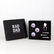 Personalised golf gift set with photo-printed balls, custom engraved black leatherette box