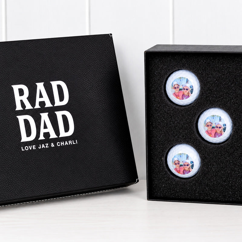 Personalised golf gift box with photo golf balls and engraved message, a unique Father’s Day gift for Dad, Grandpa or Poppy.