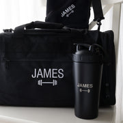 Custom fitness gift set featuring a personalised gym bag, 750ml stainless steel protein shaker and embroidered gym towel with zip pocket.
