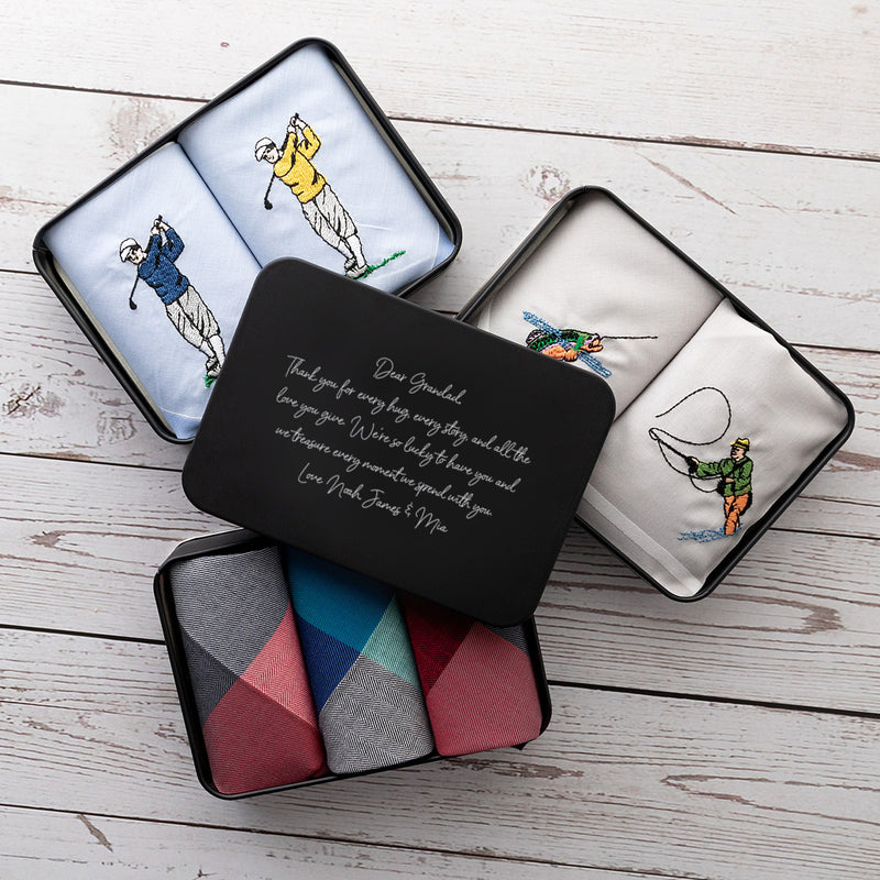 Engraved Father’s Day tin with assorted handkerchief designs including golf, fishing and plaid.