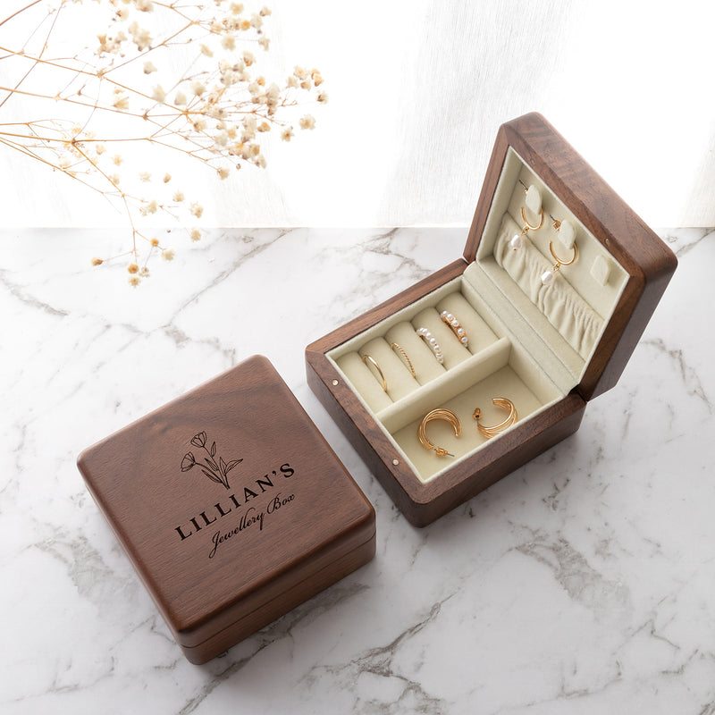 Personalised walnut jewellery box with engraved lid and velvet interior