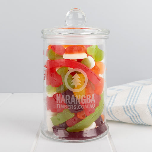 Corporate glass lolly jar engraved with company logo and filled with lollies