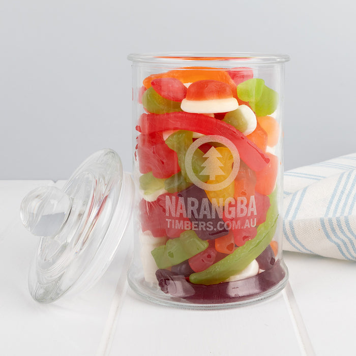 Custom engraved glass lolly jar used as a corporate Christmas or client appreciation gift