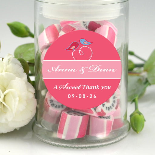 French tipped lid lolly jars with a Personalised Round wedding sticker.