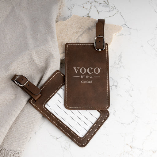 Personalised chocolate brown leatherette luggage tag with gold engraved logo