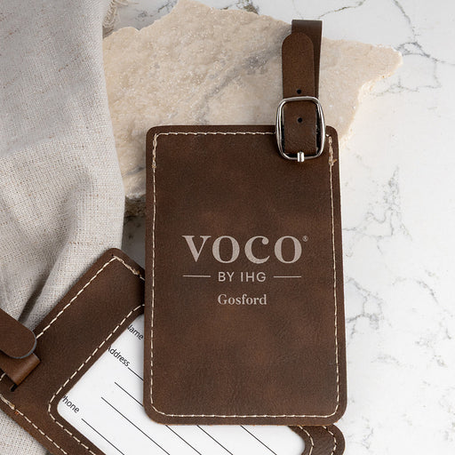 Corporate gift luggage tag in vintage leatherette with metallic gold finish