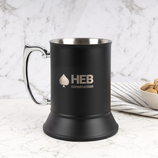 Personalised matte black metal beer mug with silver engraved logo