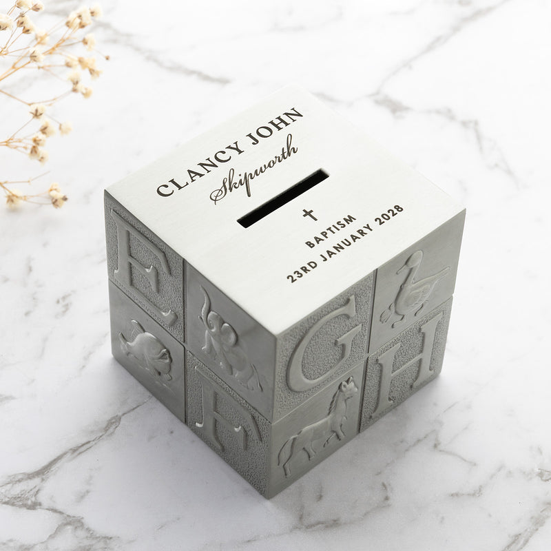 Personalised christening money box engraved with child’s name and christening date
