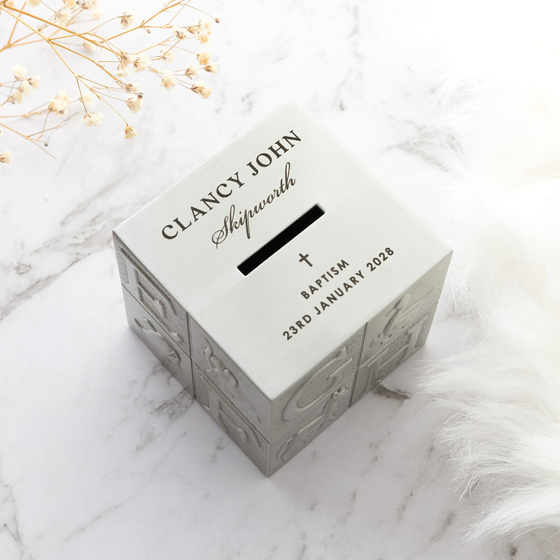 Engraved brushed silver baptism money box gift from godmother or godfather