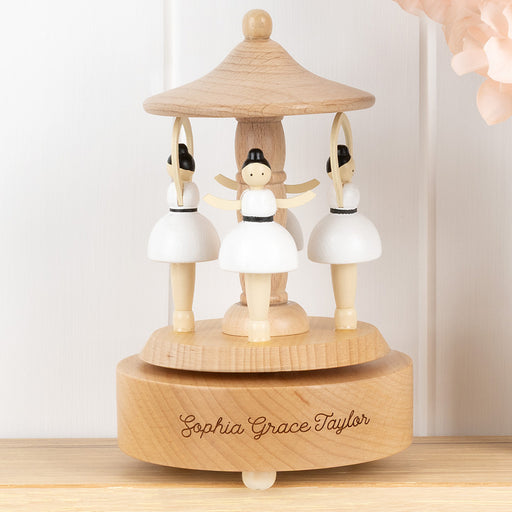 Engraved wooden ballerina music carousel nursery keepsake gift for baby girls with custom name engraving
