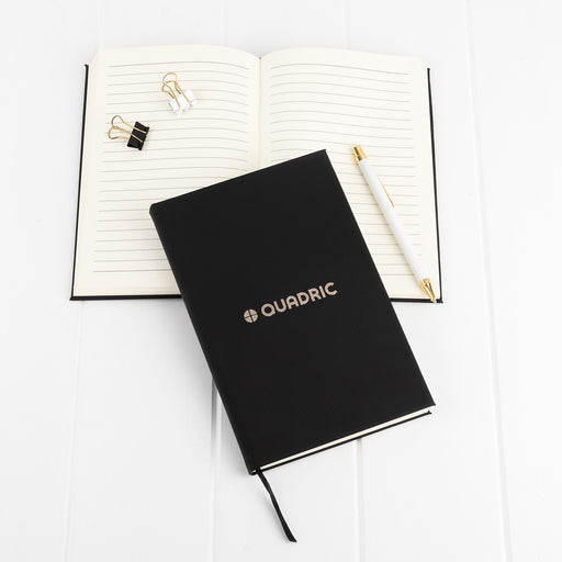 Corporate client gift notebook with personalised metallic gold engraving