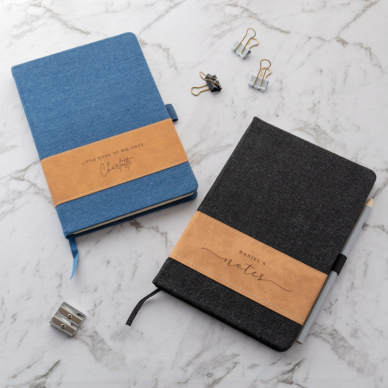 Personalised denim notebook with engraved name on soft cover