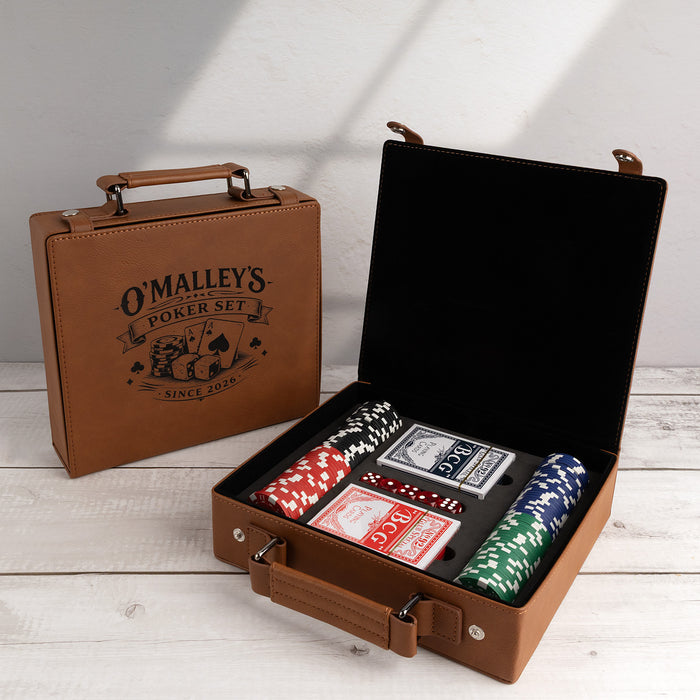 Personalised poker set gift box with engraved name on leatherette case