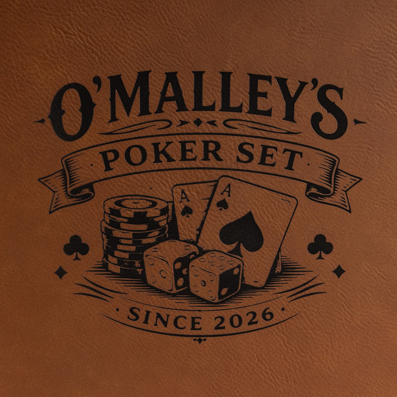 Custom engraved poker game set in portable leatherette case