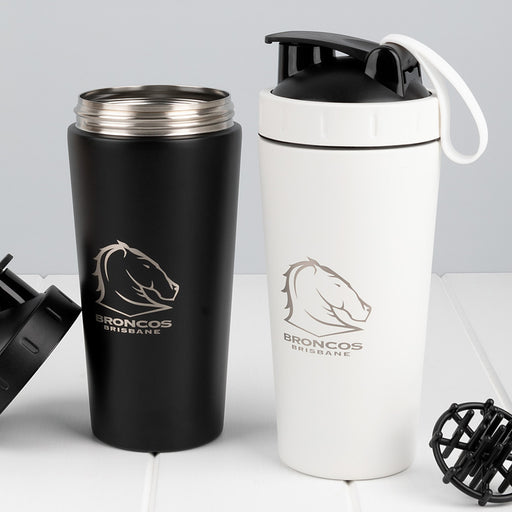Custom 750ml protein shaker bottle in matte black or white with engraved branding