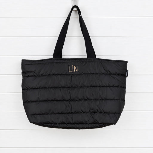 Personalised black puffer tote bag with embroidered name or initials