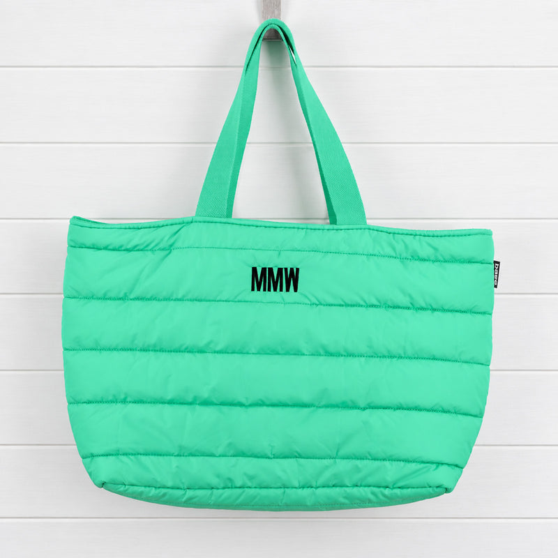 Mint green personalised puffer tote bag with custom embroidered initials