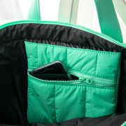 Stylish mint green tote with chunky zip, internal pocket, and custom name embroidery