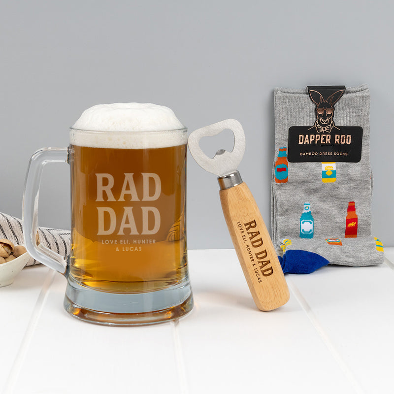 Personalised Rad Dad gift hamper with an engraved 500ml beer mug, wooden bottle opener and bamboo beer socks.