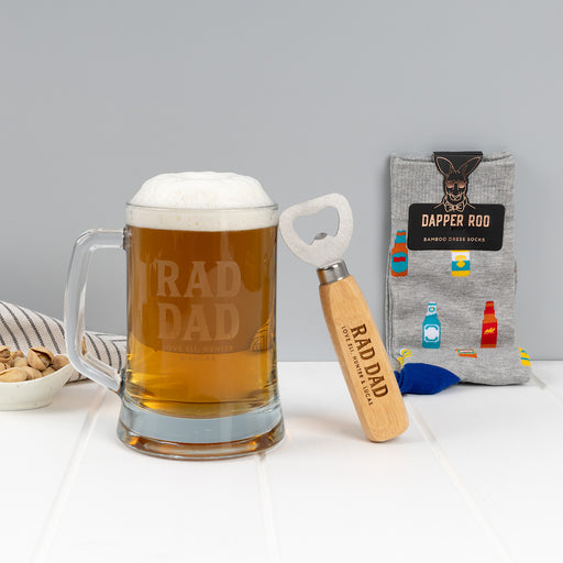 Personalised Rad Dad gift hamper with an engraved 500ml beer mug, wooden bottle opener and bamboo beer socks.