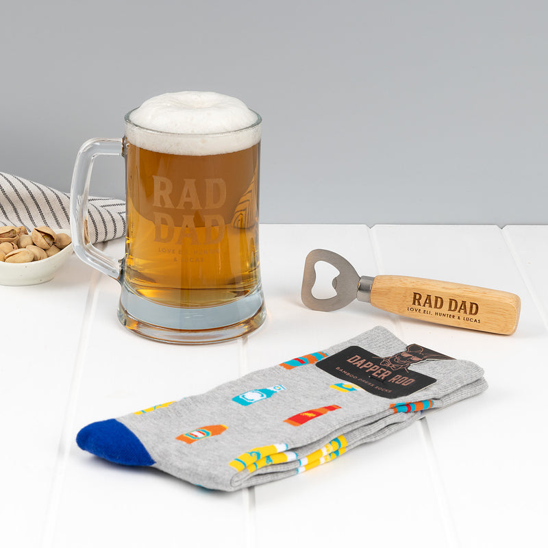 Custom Father's Day beer gift set featuring a laser engraved beer mug, personalised bottle opener and novelty beer socks.