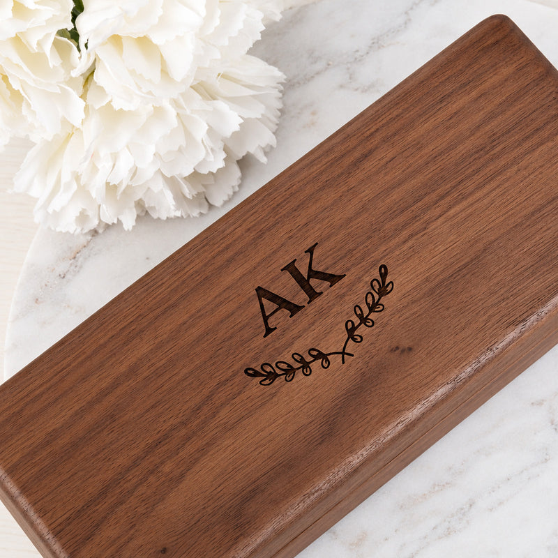 Engraved wooden glasses case personalised with name, initials or custom design