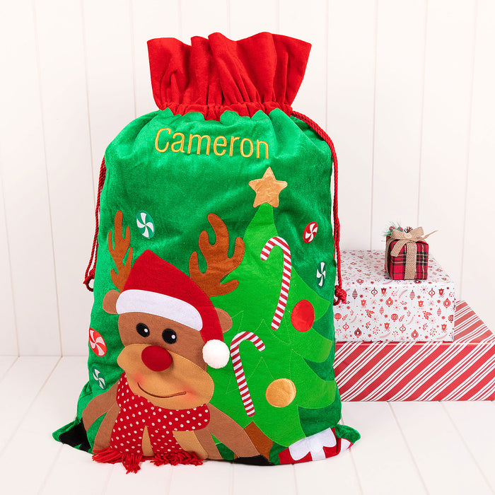 Personalised Gold Embroidered Reindeer Christmas Sack