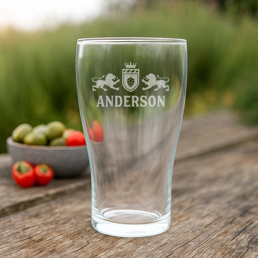 Custom beer glass with engraved family name, ideal gift for home bar or man cave
