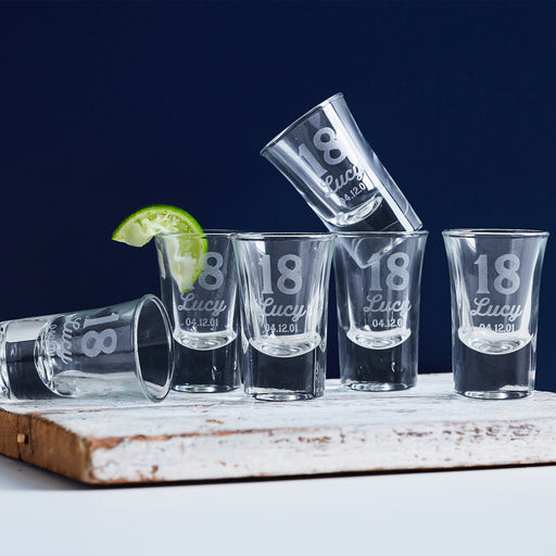 Personalised 40ml shot glass engraved with '18th Birthday' – a great birthday gift and party favour