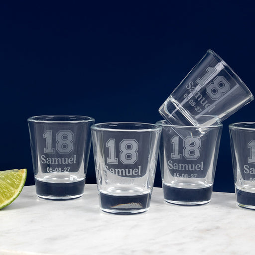 Custom 18th birthday keepsake shot glass with classic shape and engraved details.
