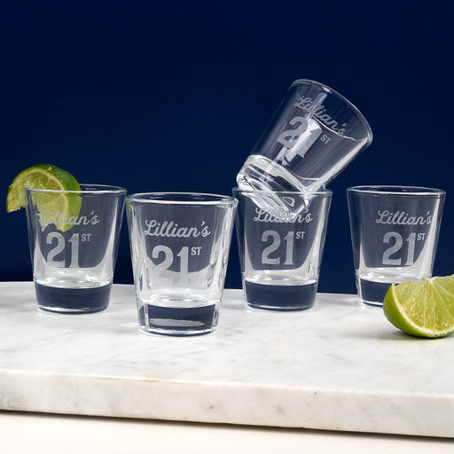 Personalised 50ml shot glass engraved with 21st birthday design, name, and date.