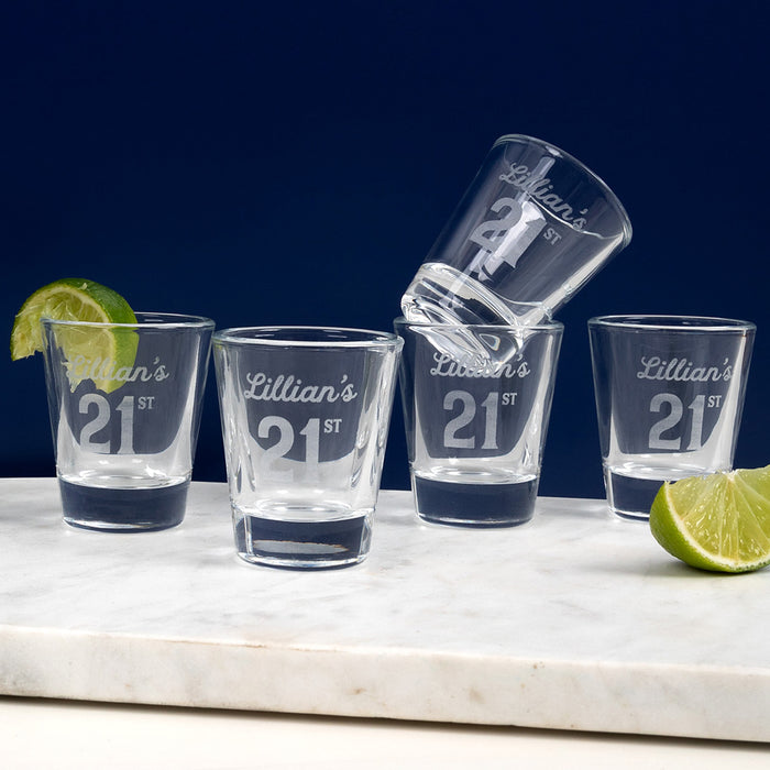Personalised 50ml shot glass engraved with 21st birthday design, name, and date.