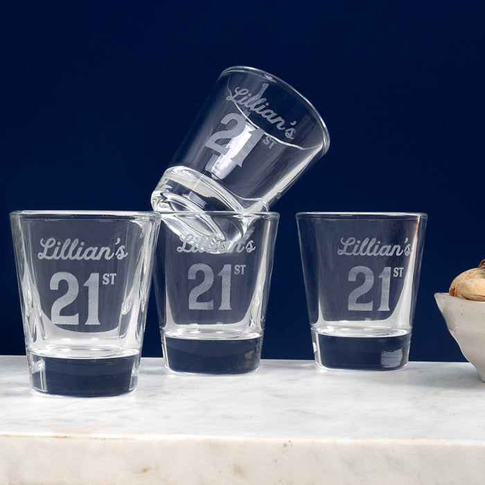 Custom 21st birthday shot glass with classic shape and engraved details for gifting or party favours.