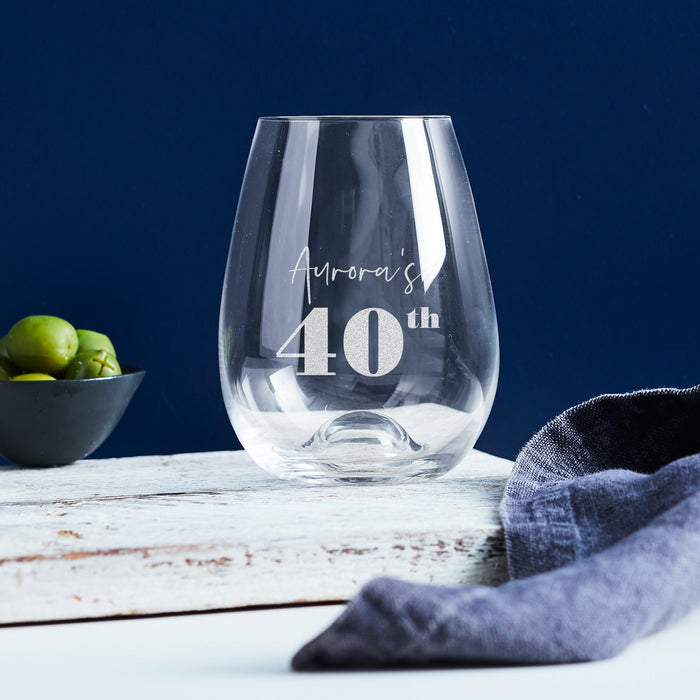 Personalised 40th birthday stemless wine glass engraved with name and date – perfect gift for wine lovers and milestone celebrations.