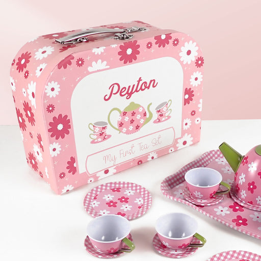 Customised Printed Name Pink Flower Carry Case Child's Tea Set