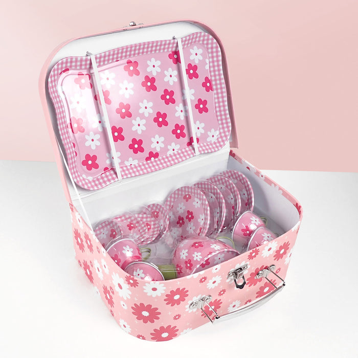 Custom Engraved Printed Name Child Carry Case Pink Flower Tea Set
