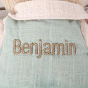 30cm soft cotton teddy bear with personalised vest, designed for cuddles, adventures, and display in the nursery