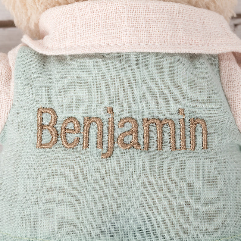 30cm soft cotton teddy bear with personalised vest, designed for cuddles, adventures, and display in the nursery