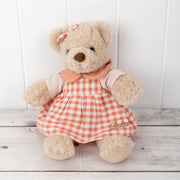 Personalised Ella Bear with embroidered dress featuring child’s name, made from soft cotton and perfect for newborns or toddlers