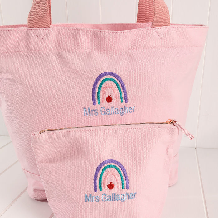 Customised Embroidered Pink Teacher Tote Bag and mini Bag Set