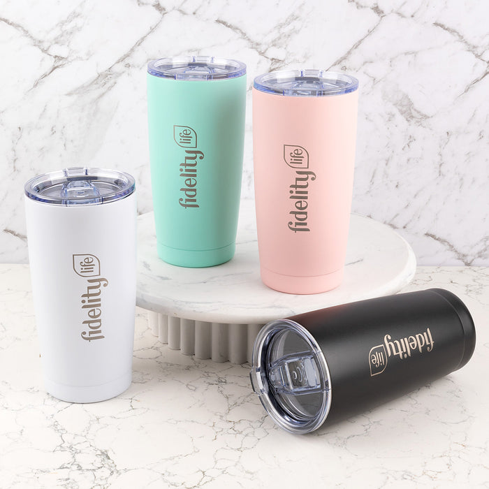 Corporate travel mug gift engraved with company logo in white, black, mint or rose