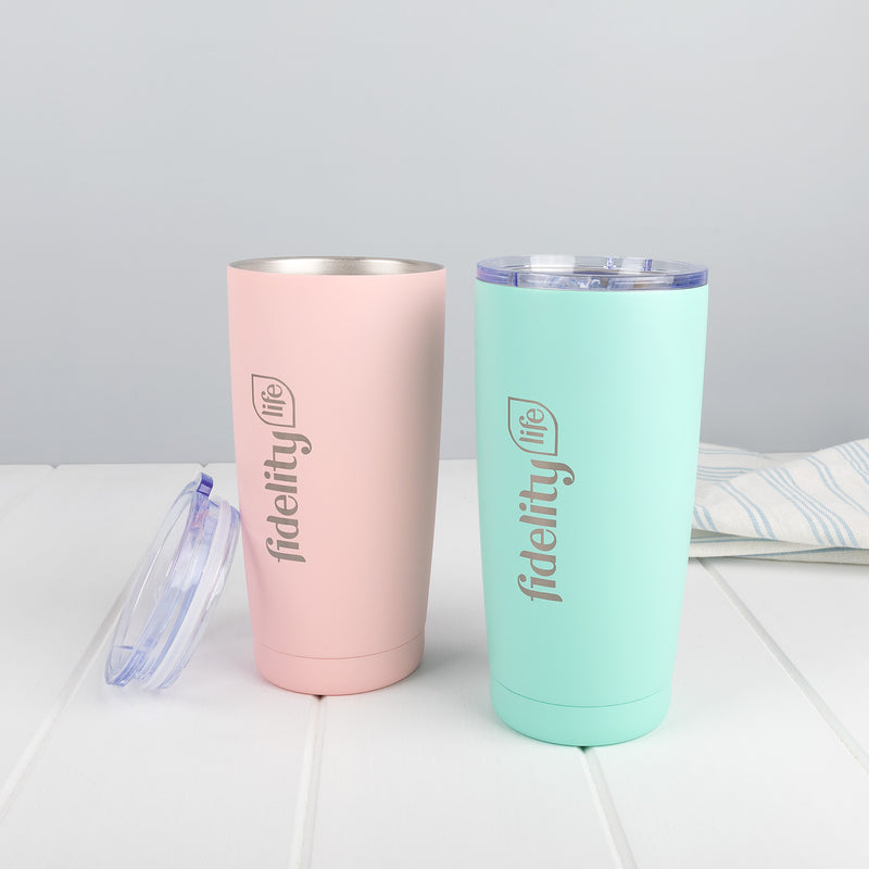 Custom logo engraved travel mug in kraft gift box with optional gift wrapping