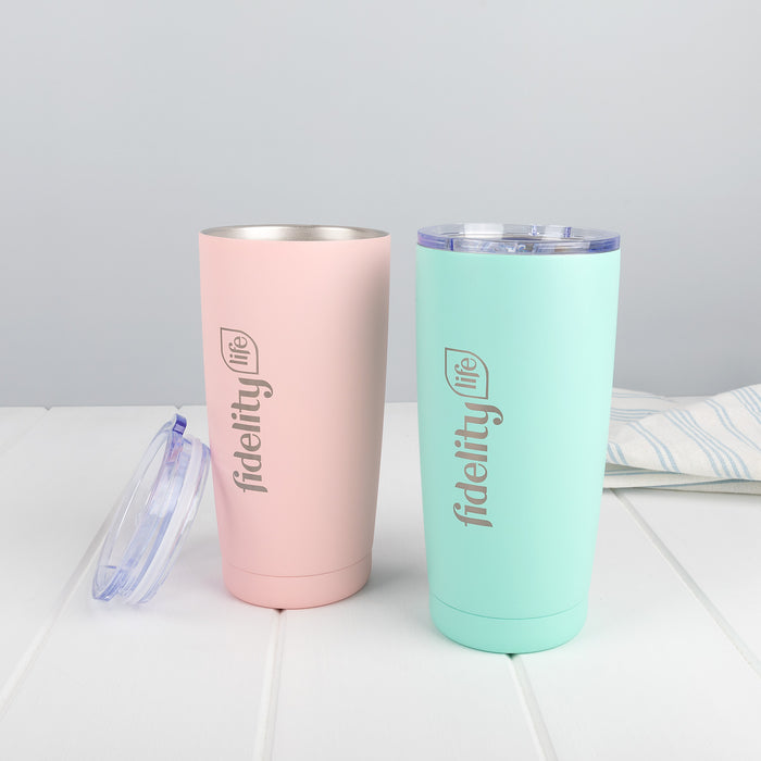 Custom logo engraved travel mug in kraft gift box with optional gift wrapping