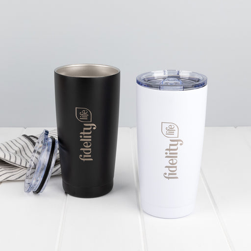 Personalised 590ml stainless steel travel mug with double wall insulation and logo