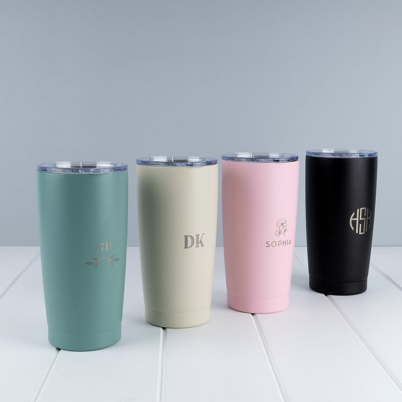 Engraved 590ml insulated tumbler with removable sliding lid, available in four colours.