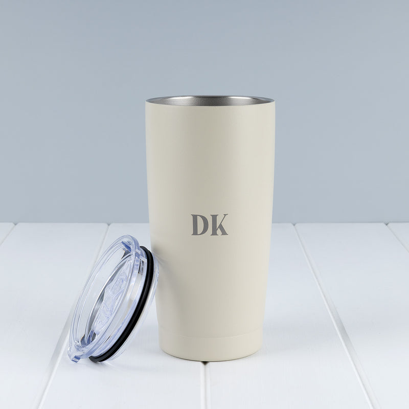Stone personalised travel tumbler with silver laser engraving and double-wall vacuum insulation.