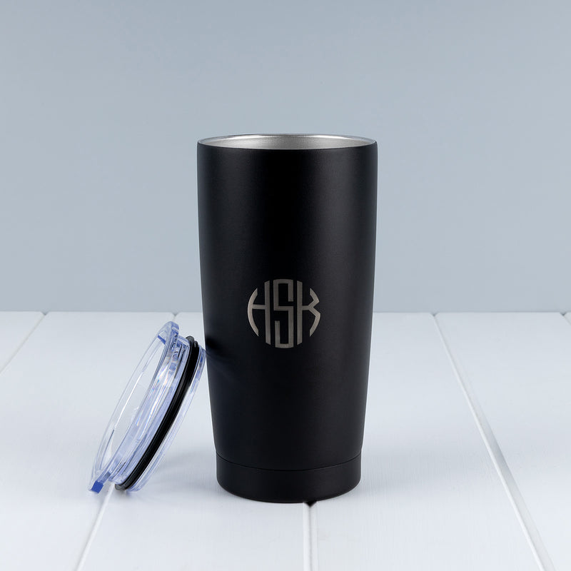Black personalised 590ml insulated tumbler with custom silver laser engraving and sliding lid.