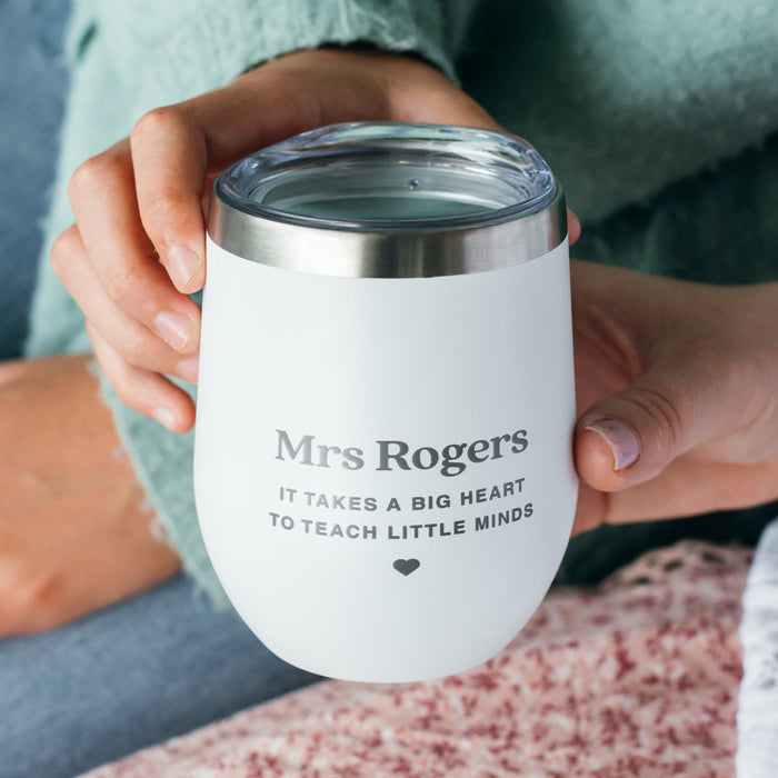 Engraved teacher keep cup with white finish and silver trim